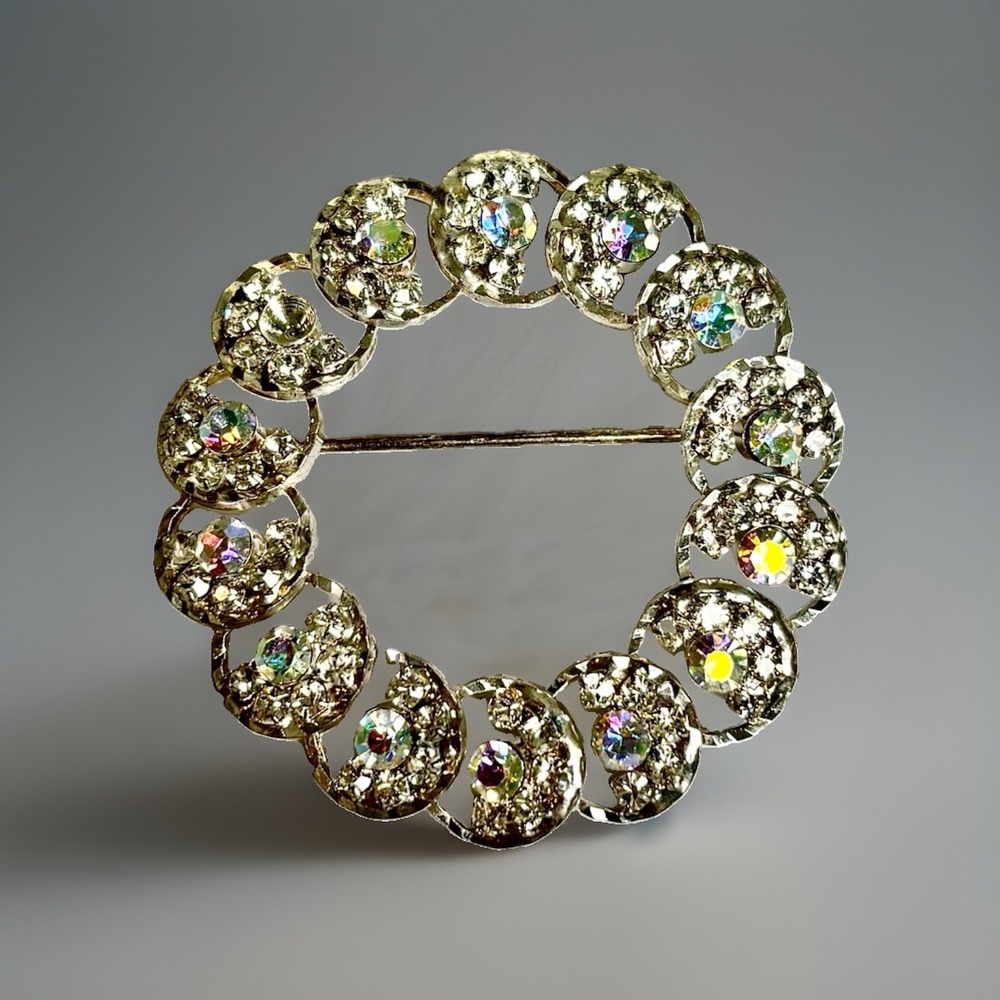 Vintage‎ Iridescent Rhinestone Circle Wreath Brooch Sliver Tone Colorful Crystal - Picture 3 of 5